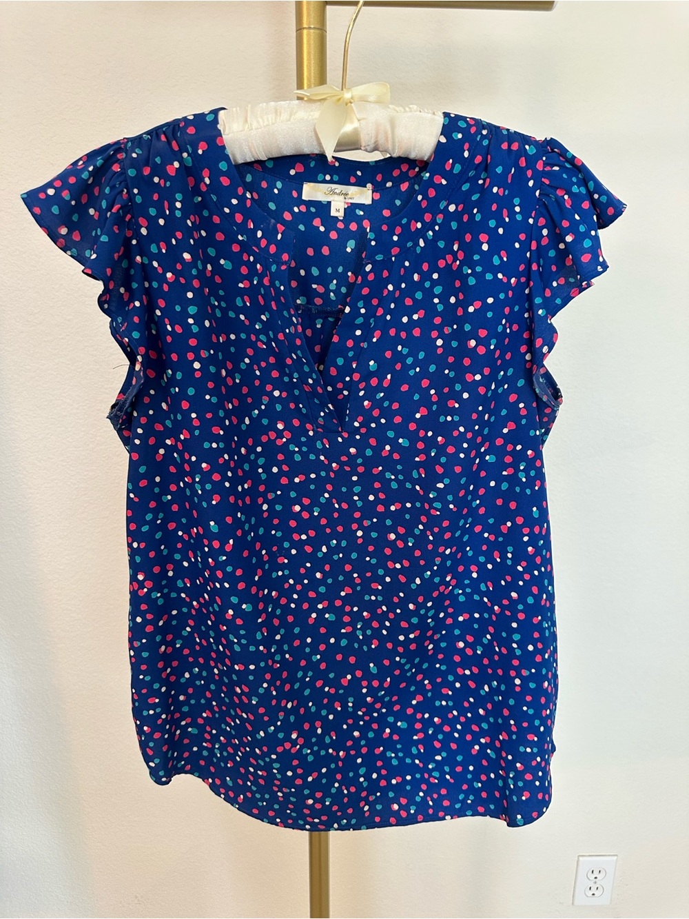 ANDREE BY UNIT Navy Dot Flutter-Sleeve Blouse
